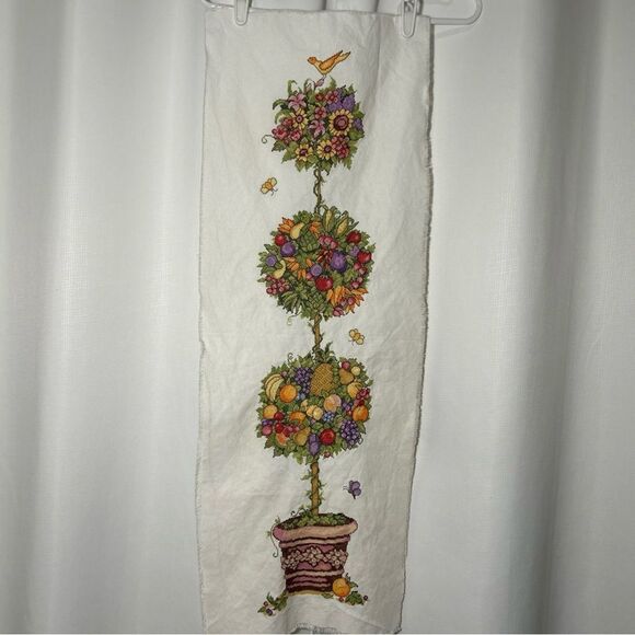 14” X 37 “ Topiary Flowers & Fruits Crossstitched Unframed - Picture 1 of 10